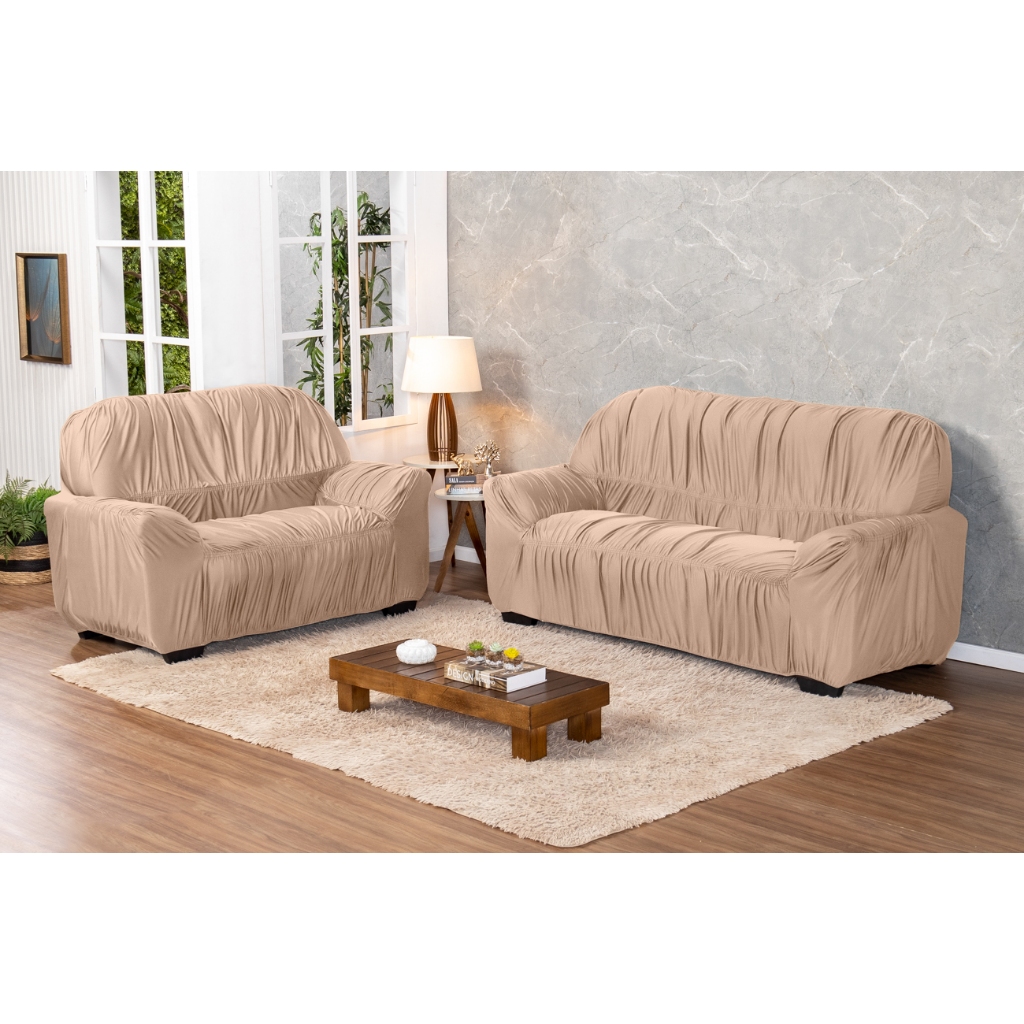 LINDO KIT JOGO DE CAPAS DE SOFÁ, SOFA DE 2 E 3 LUGARES CONFECCIONADOS MALHA GEL E 21 ELÁSTICOS CAQUI