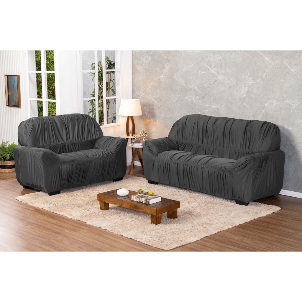 KIT JOGO DE CAPAS DE SOFÁ, SOFA DE 2 E 3 LUGARES CONFECCIONADOS EM MALHA GEL E 21 ELÁSTICOS CINZA