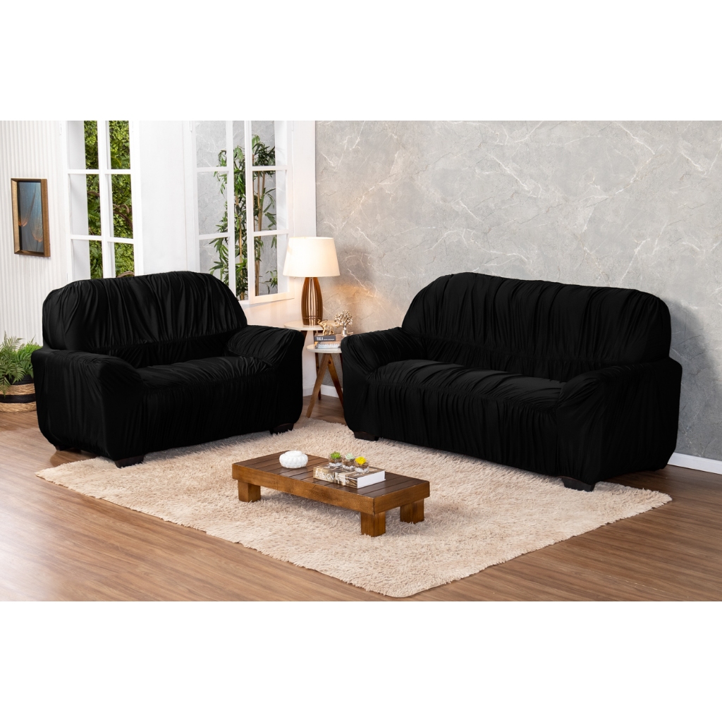 LINDO KIT JOGO DE CAPAS DE SOFÁ, SOFA DE 2 E 3 LUGARES CONFECCIONADOS MALHA GEL E 21 ELÁSTICOS PRETO