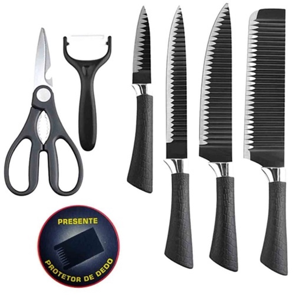 Conjunto Jogo De Facas Talheres Inox 6 Peças Com Tesoura Preto Protetor Dedo