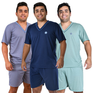 Kit 3 Pijamas Masculino Liso Adulto Manga Curta E Short Verão Promoção