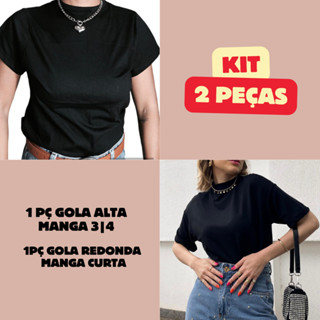 KIT 2 CAMISETAS TSHIRTS FEMININA BÁSICA LISA 100% ALGODÃO GOLA ALTA, GOLA REDONDA, MANGA CURTA E 3/4 KITS