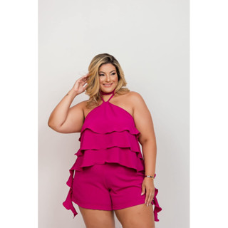 Plus Size Conjunto Tendência Blusa Babado Camadas Frente Unica Short Moda GG