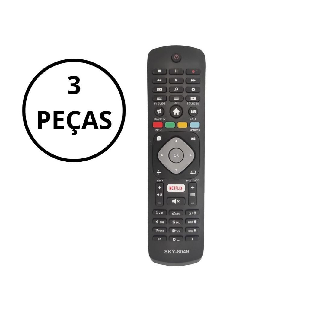 KIT 3 CONTROLE REMOTO COMPATÍVEL TV Philips Smart Led Tecla Netflix