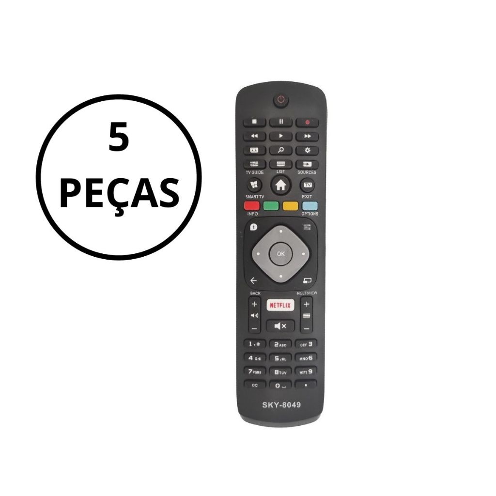 KIT 5 CONTROLE REMOTO COMPATÍVEL TV Philips Smart  Lcd Led Tecla Netflix