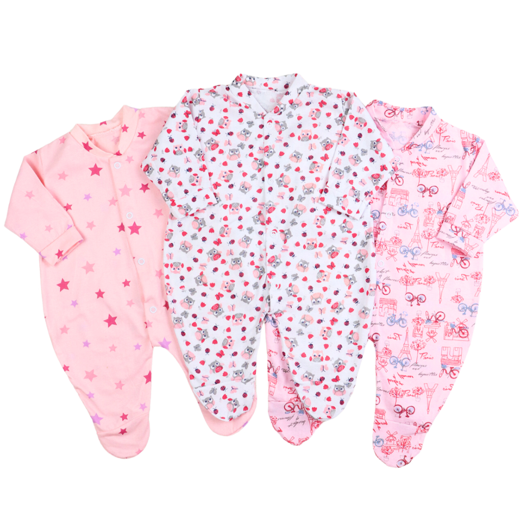 Kit 3 Peças Macacão Estampado para Bebê com Pé - 100% algodão Menina e Menino