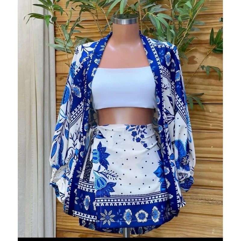 conjunto kimono short saia duas peças moda praia leve verão cardigan Femenino em Oferta na Shopee