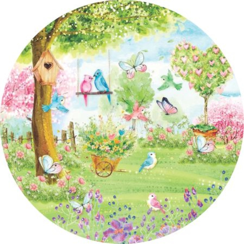 Painel Festa Infantil Redondo jardim encantado pássaros ,borboletas, flores, passarinhos arco incluso. Fazemos personalizado com qualquer tema. Confeccionado com Lona fosca com impressão de alta resolução. Painel Circular para Decoração de festa infantil.