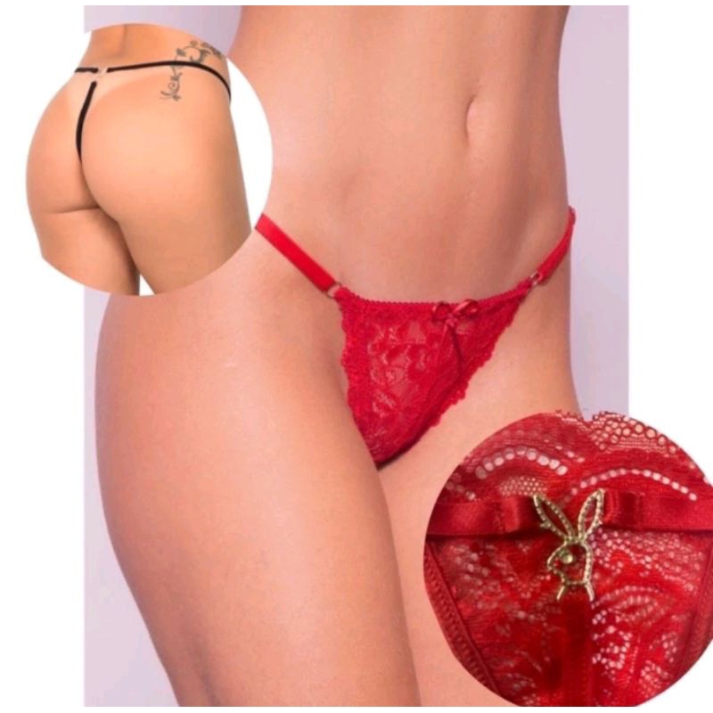 kit 3 Calcinha Playboy Pingente Super Fio Dental Rendada Sensual REF: PLAYBOY
