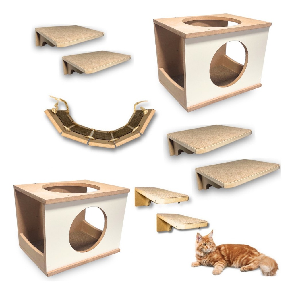 Playground para Gato 9pçs Mdf Premium Super Resistente Montado Prateleira para Gato Com revestimento em carpete Frente Redonda