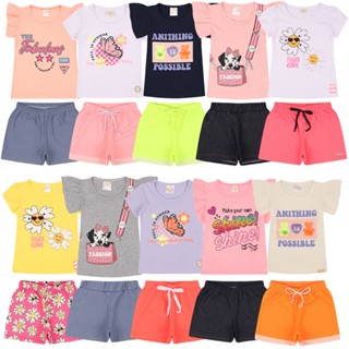 Roupa Infantil - Kit Sortido 8 Peças de Roupas Infantil Menina- 4 Camisetas + 4 Bermudas - Kit com 4 Conjuntos de Roupa Infantil Menina