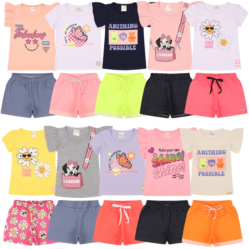 Roupa Infantil - Kit Sortido Peças de Roupas Infantil Menina- 5 Camisetas + 5 Bermudas - 5 Conj