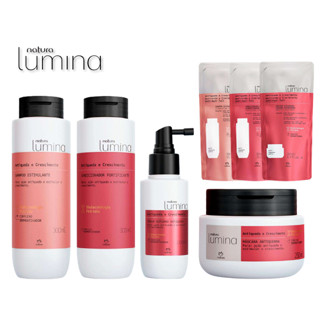 Linha Lumina Antiqueda e Crescimento Natura: Shampoo Estimulante, Condicionador Fortificante, Máscara Antiquebra (Regular ou Refil) e Sérum noturno