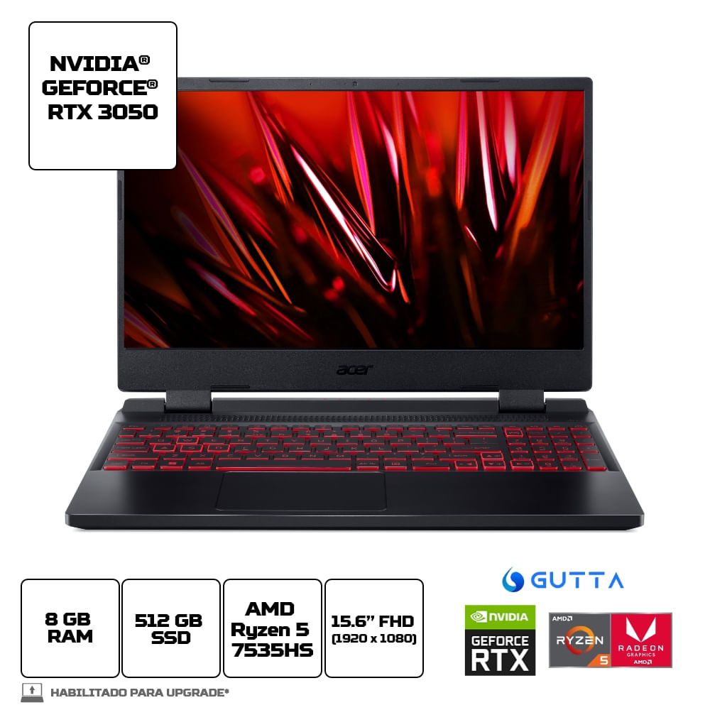 Kit Gamer Completo Notebook Acer Nitro 5 AMD Ryzen 5 RTX 3050 Linux Gutta 8GB 512GB SSD 15.6” Full HD - ENVIO IMEDIATO