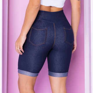 Shorts Jeans Feminino Bermuda Imita Jeans Cos Alto de Cotton Possui Bolsos M G GG EXTRA em Oferta na Shopee