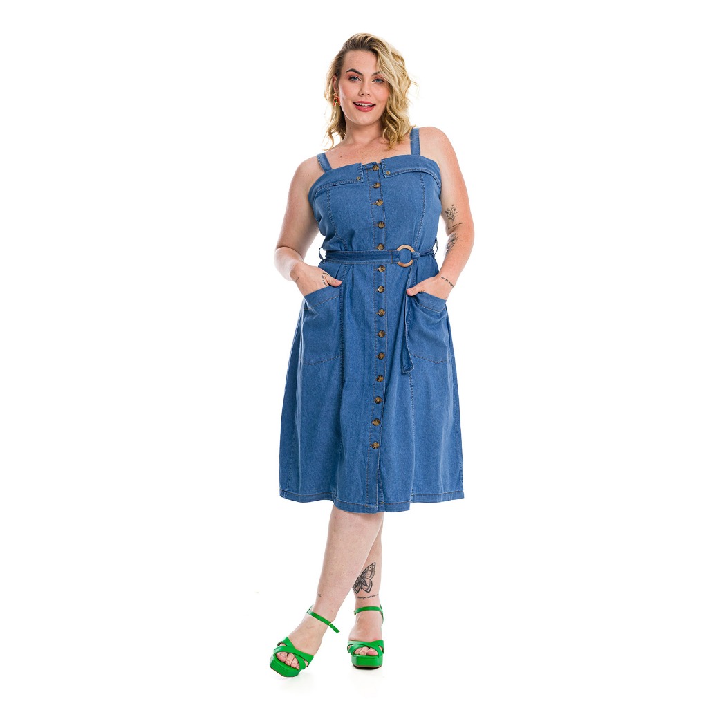Vestido Jeans Feminino Moda Plus Size com Alça e Cintinho
