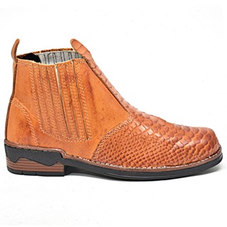Botina Masculina Escamada Couro Legítimo Tipo Cobra Elástico Texana & Bota Mateira Sola Borracha