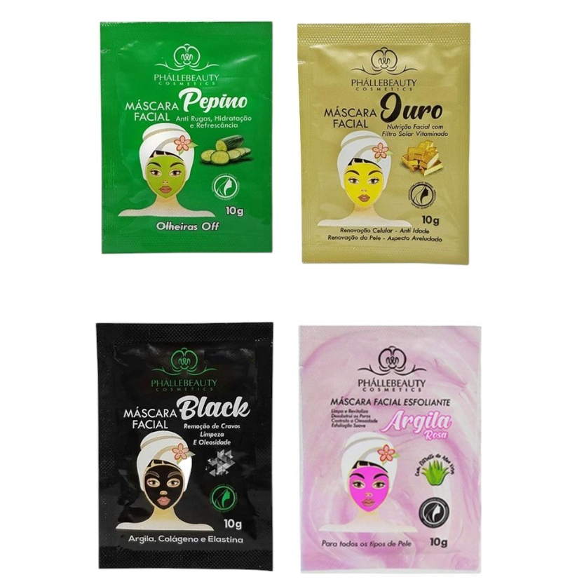 Kit 4 Máscaras Faciais em Sachê  10g  Phállebeauty