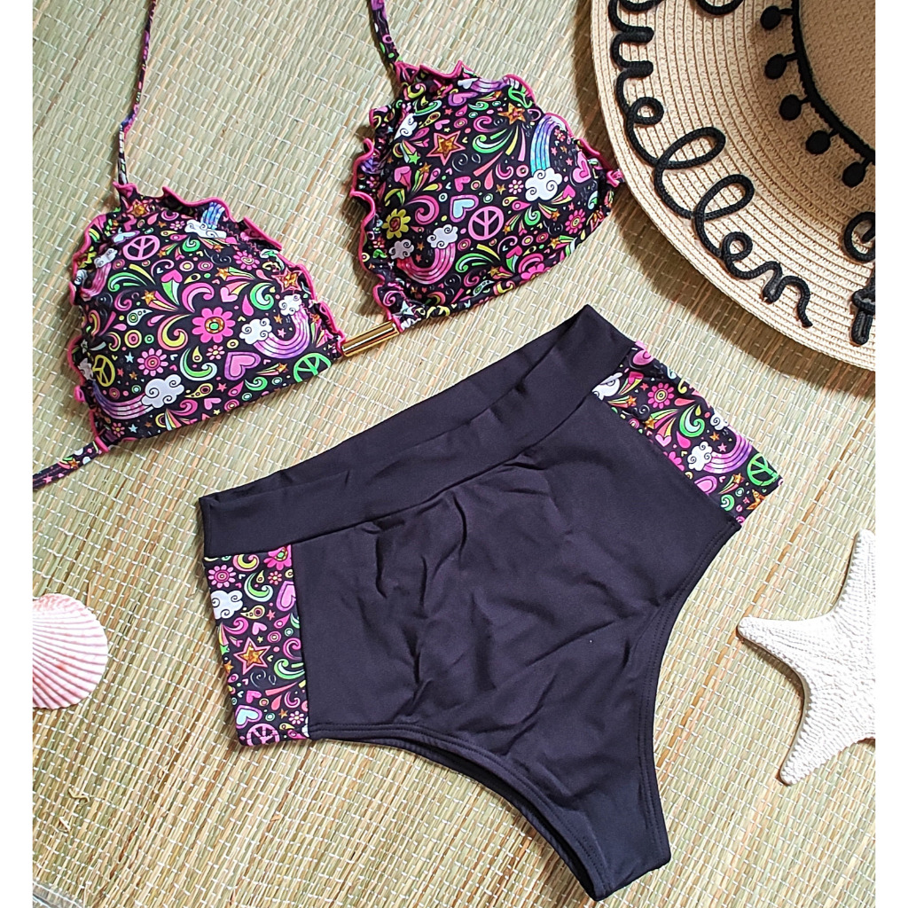 Biquíni Cintura Alta Cortininha Hotpants Riple com Bojo e Forro Alegria