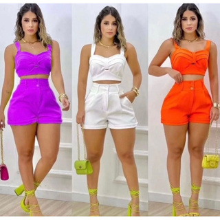 Conjunto Feminino  (SHORT+CROPEED) tecido alfaiataria com bojo tendência social em Oferta na Shopee