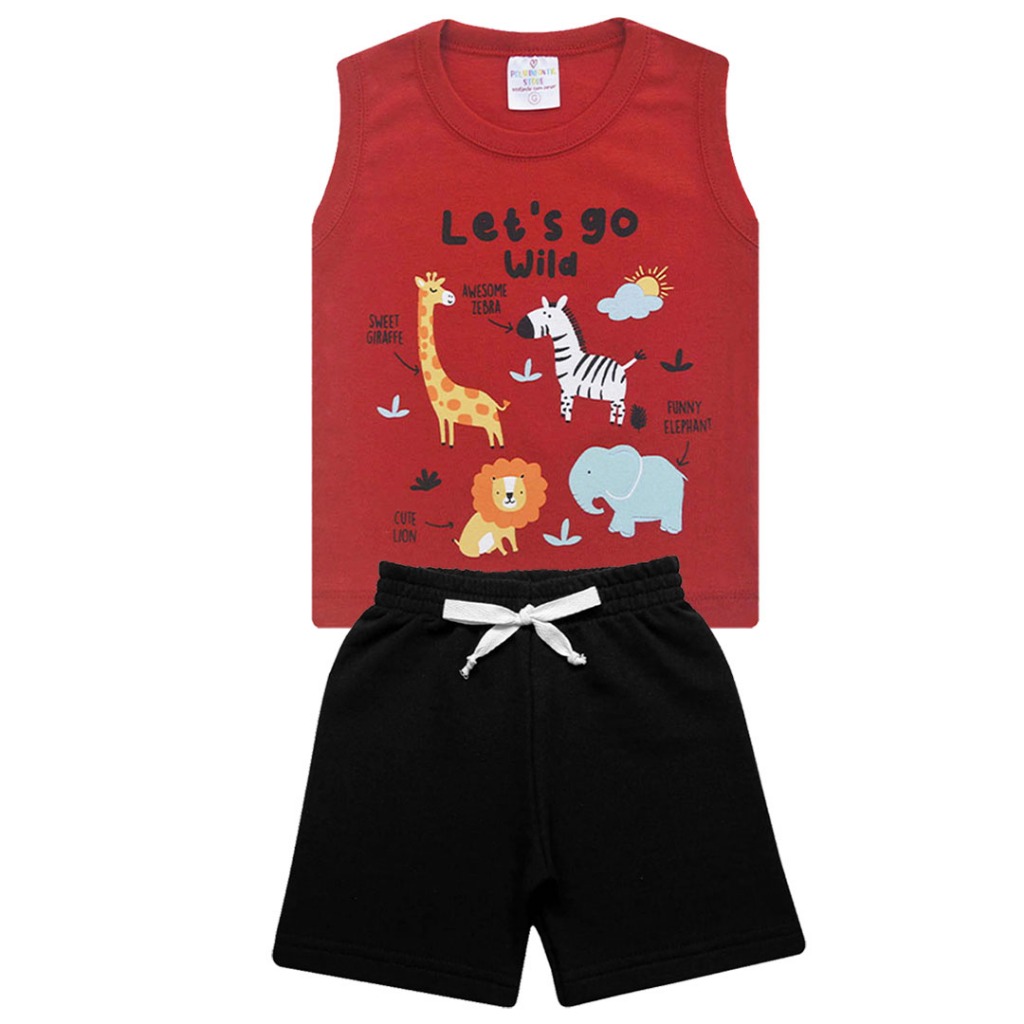 Conjunto Regata e bermuda, bebê e infantil menino, Vermelho Animais Wild