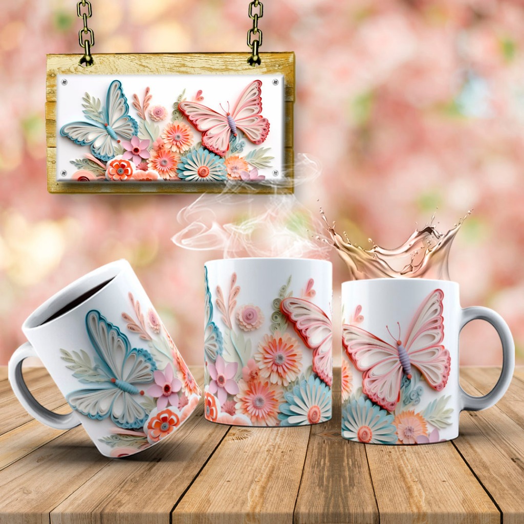 Caneca Borboletas 3D Branca Rosa e Azul 325 ml Porcelana em Oferta na Shopee