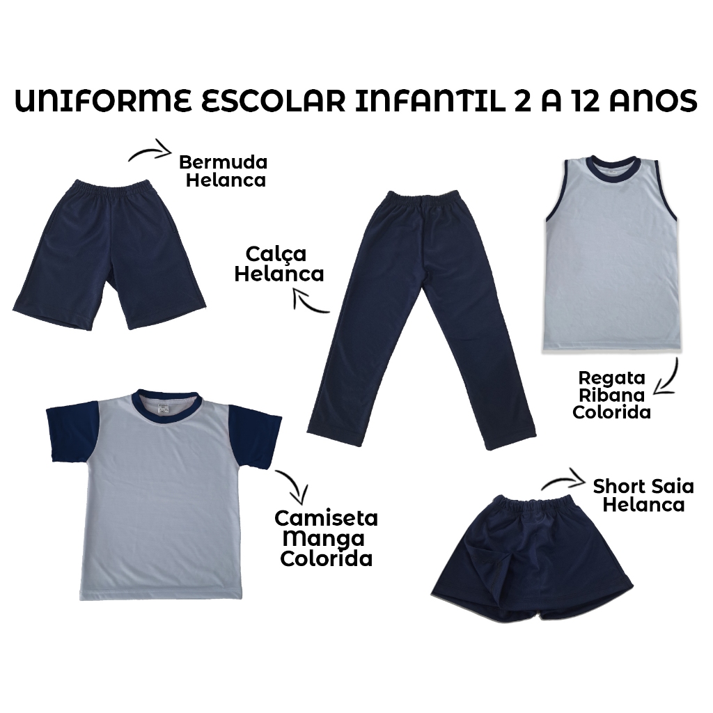 Uniforme escolar infantil short saia calça bermuda camiseta menino menina 2 a 12 anos azul marinho