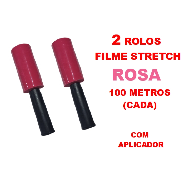 2 Rolos Filme Stretch ROSA C/ Cabo Adaptador (10cm) 100 Metros (cada)