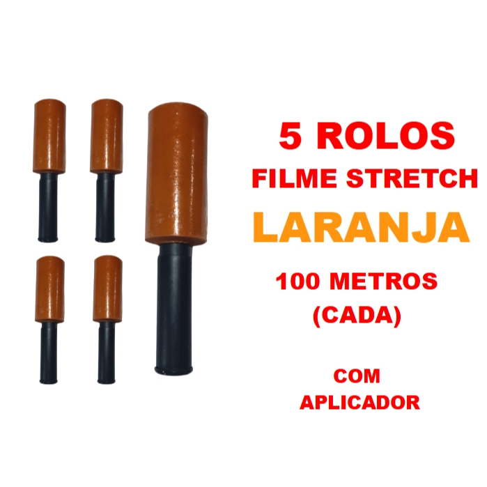 5 Rolos Filme Stretch LARANJA C/ Cabo Adaptador (10cm) 100 Metros (cada)