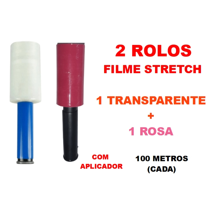 2 Rolos Filme Stretch C/ Cabo Adaptador (10cm) 100 Metros (cada)  1 ROSA + 1TRANSPARENTE