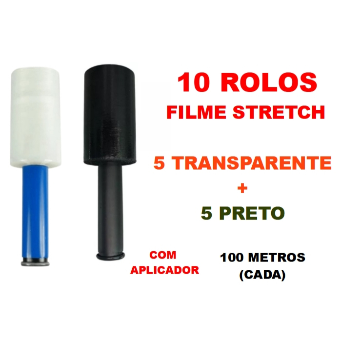 10 Rolos Filme Stretch C/ Cabo Adaptador (10cm) 100 Metros (cada)  5 PRETO + 5 TRANSPARENTE em Oferta na Shopee