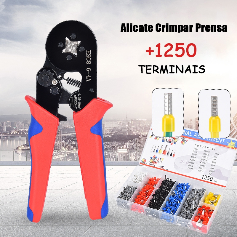 Alicate Crimpar Prensa +Box Com 1250Terminal Ilhos Tubolar 0,25 Até 10mm HSC8 6-4A