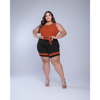Conjunto Feminino Plus Size Blusa Alça Grossa E Short Meia Coxa