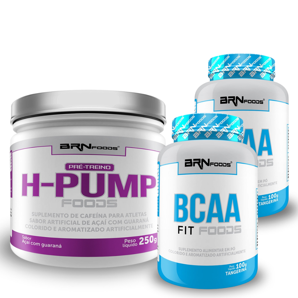 Kit Pré-Treino H-Pump 250g Açaí com Guaraná + 2x BCAA 100g Tangerina - BRN Foods - Kit Pré-treino para Aumento de Força e Performance