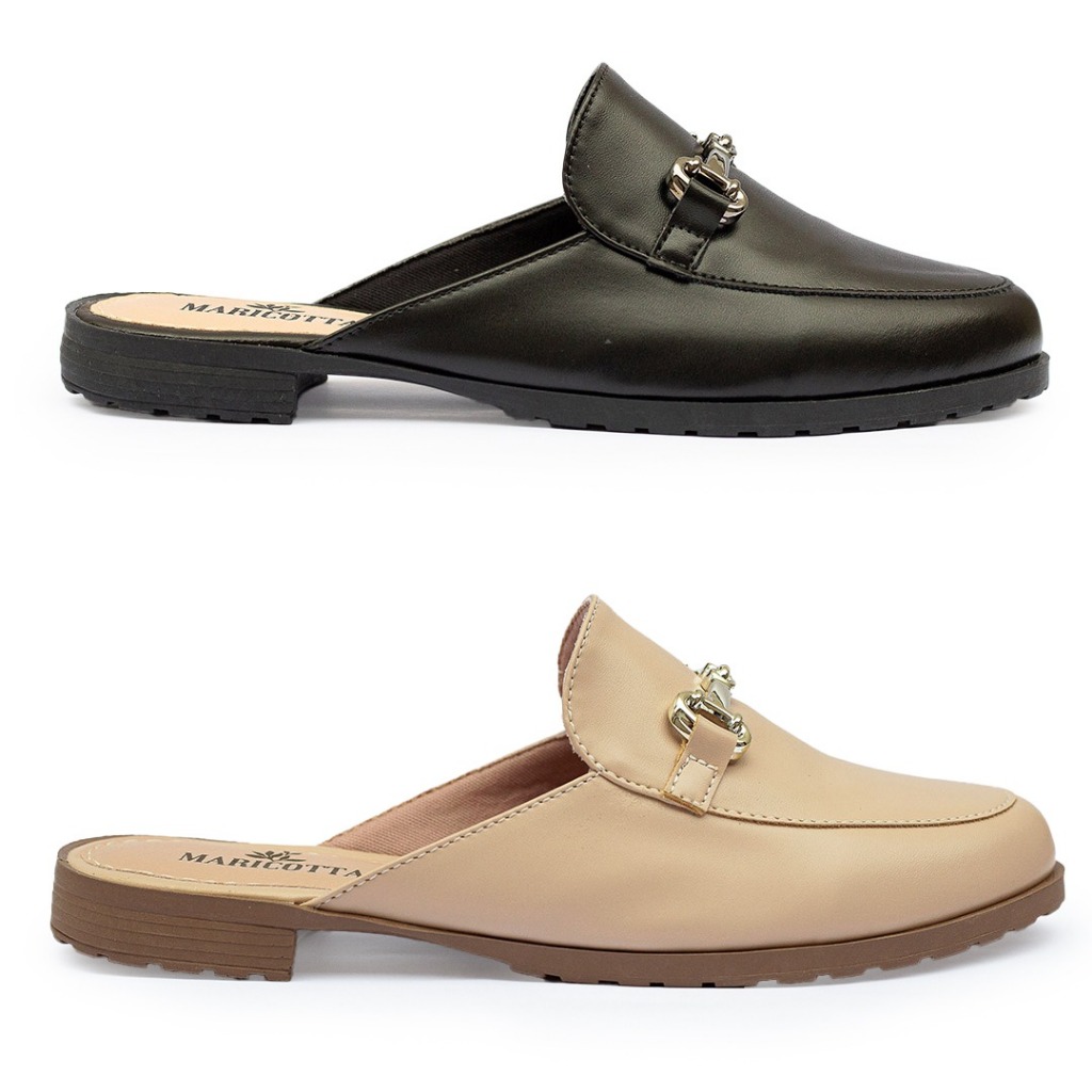 kit 2 Pares Mules Bege Preto Sola Tratorada Baixa Moderno Clássico Confortável Maricotta Papete