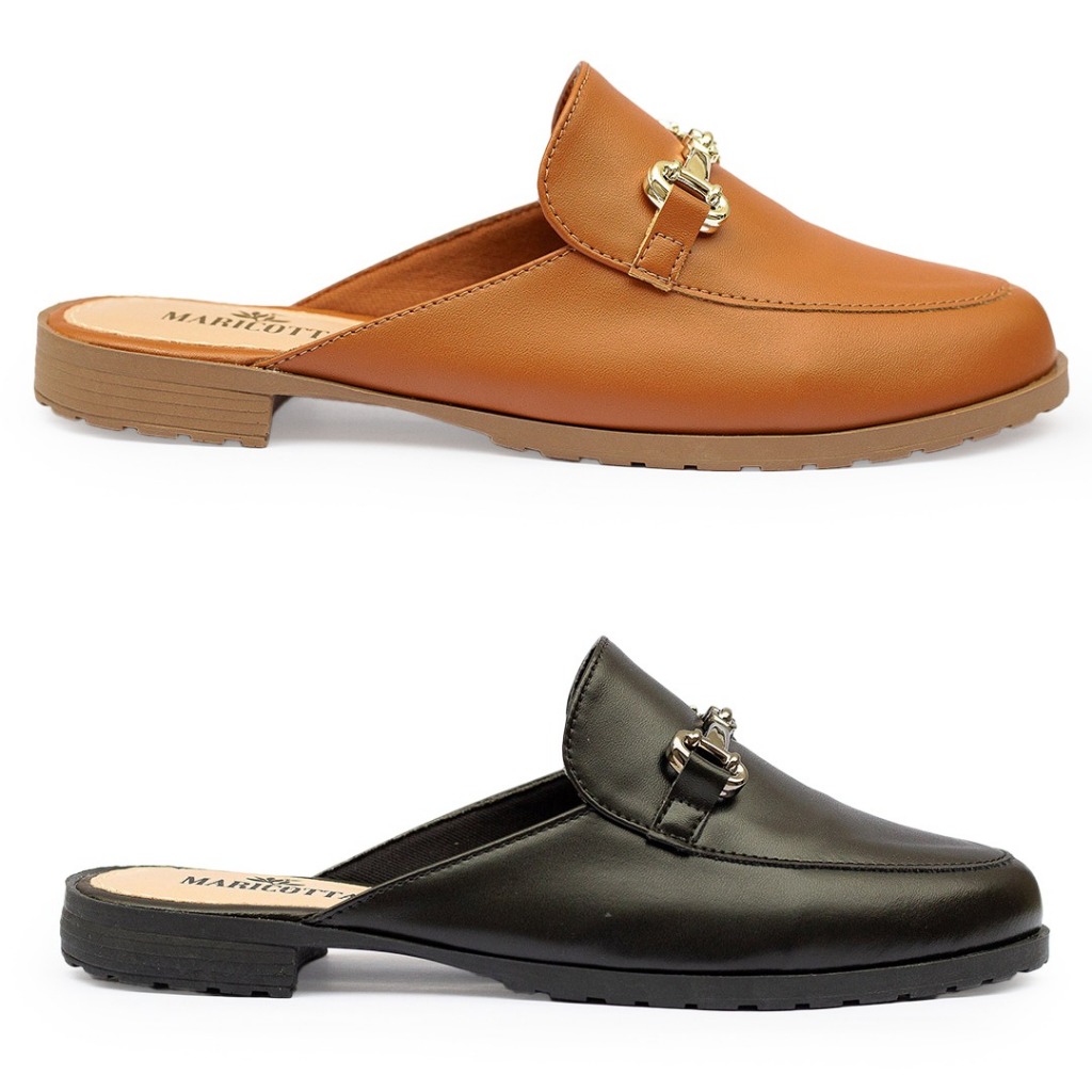 kit 2 Pares Mule Preto Caramelo Sola Tratorada Baixa Moderno Clássico Confortável Maricotta Rasteira