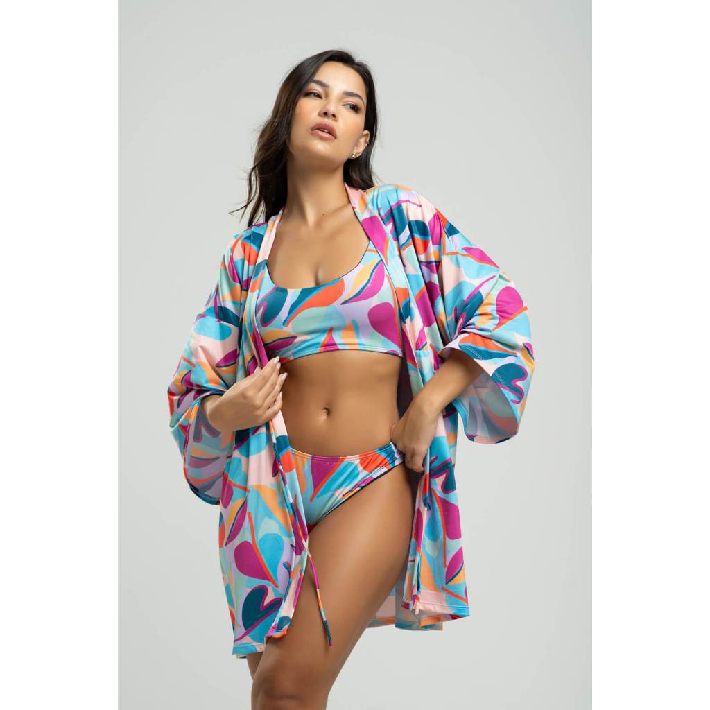 Saida de Praia Kimono Overzided Estampado Manga Longa Proteção UV Moda Praia Verão