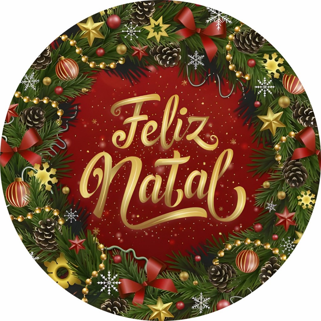 Painel Festa Infantil Redondo Guirlanda Feliz Natal Vermelho, verde e dourado, Arco, Suporte incluso. Fazemos personalizado com qualquer tema. Confeccionado em Lona fosca, impressão de alta resolução. cenário Circular p/ Decoração de festa infantil