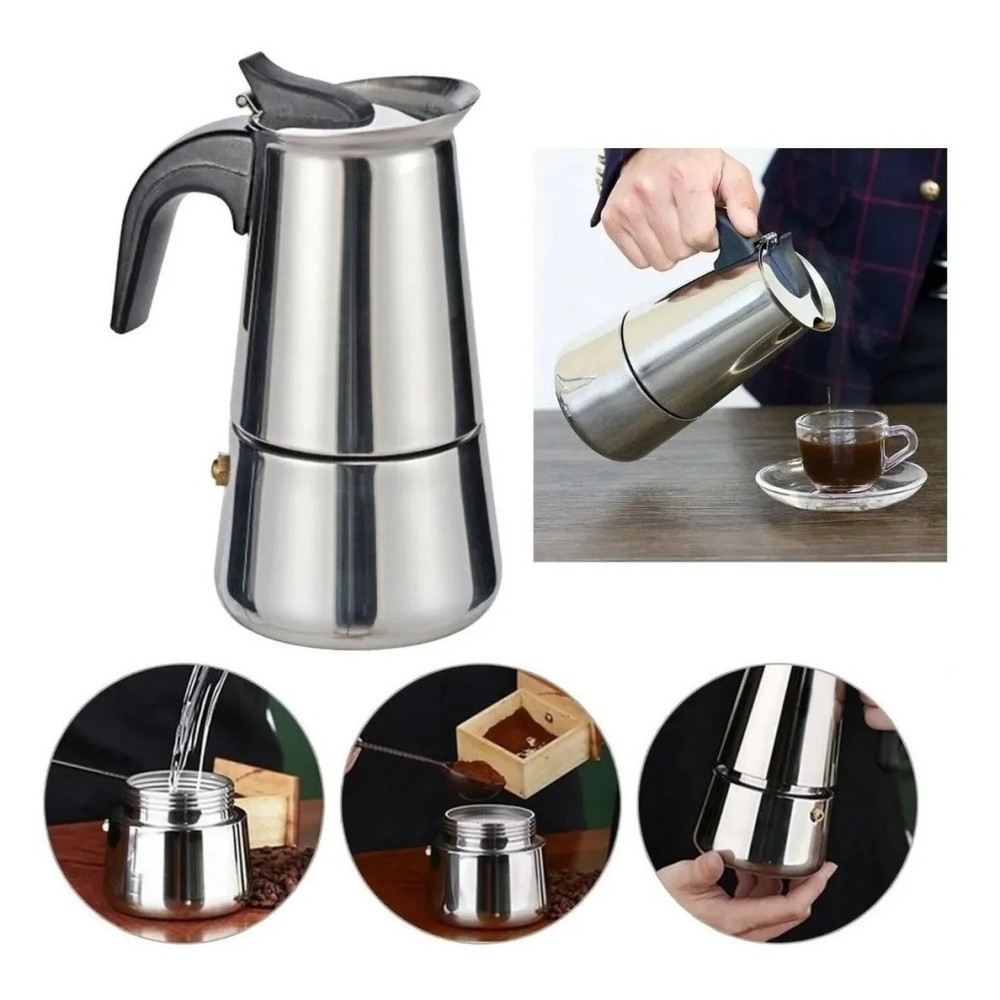 Cremeira Cafeteira Italiana Aço Inox Premium Alumínio Para 6/9 Xicaras Café Chá Leite Chimarrão