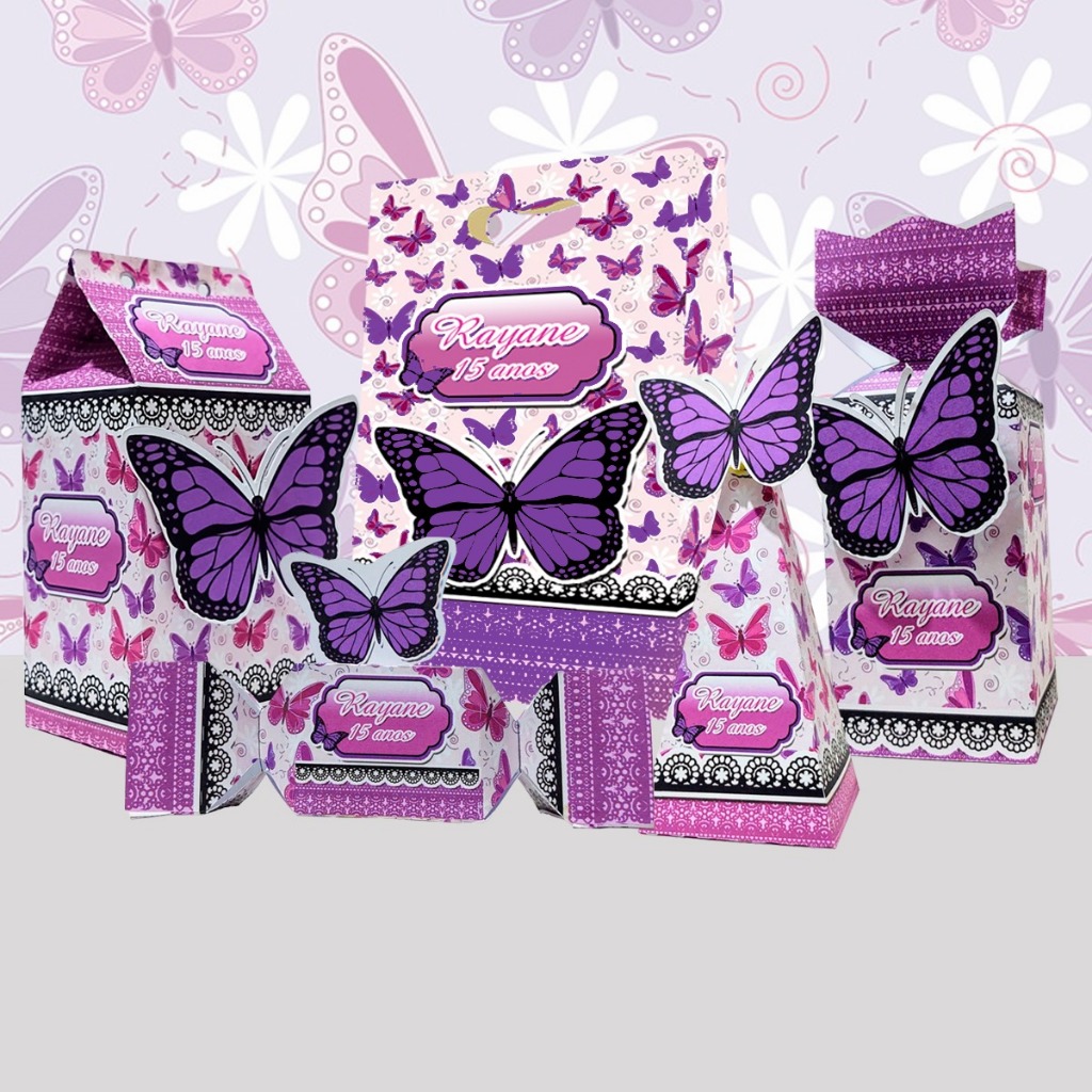 Kit Combo Borboleta Lilás Caixinha Milk Caixa Bala Cone Pirâmide Sacolinha Surpresa Roxo Lembrancinha