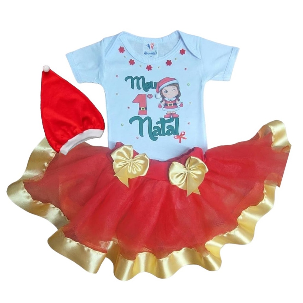 Body Natalino Bebê Menina Meu Primeiro Natal C/ Saia E Gorro