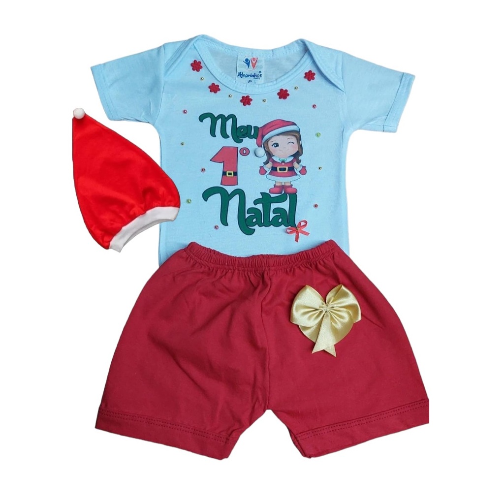 Conjunto Infantil Body Natalino Bebê Menina Meu Primeiro Natal Short E Gorro