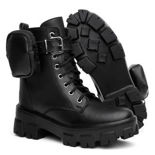 Bota Cano Curto Coturno Feminino Couro Tratorado Blogueira Plataforma Bolsinha Removível