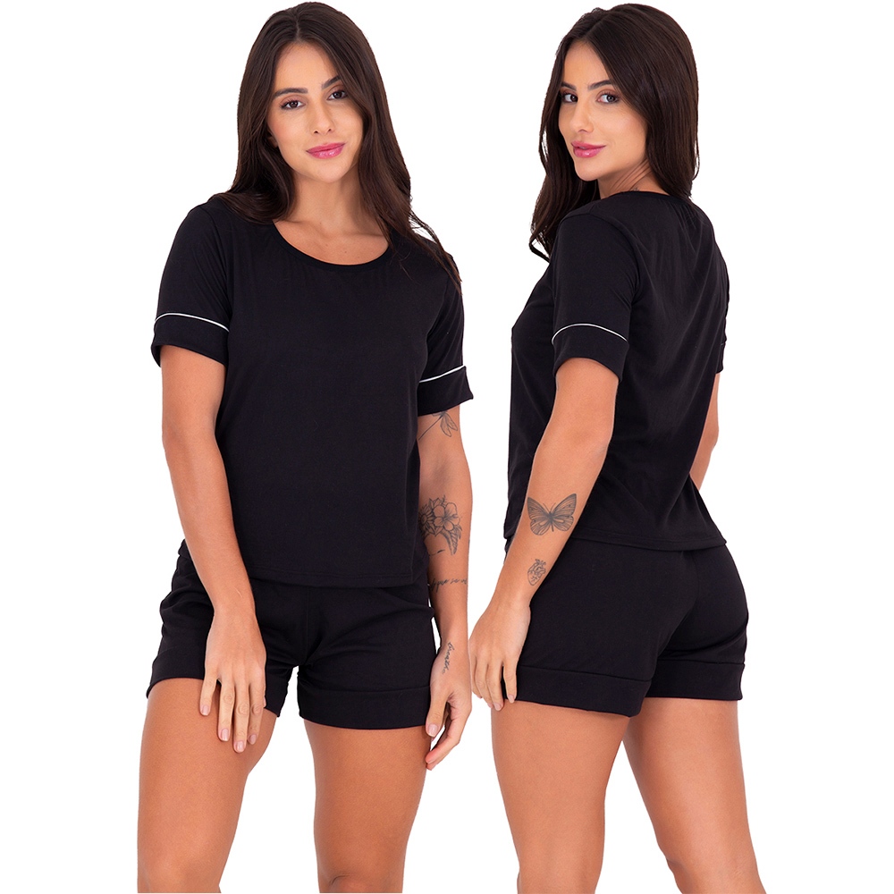 Pijama Feminino Estilo Manga Curta Suede - Women Clothes