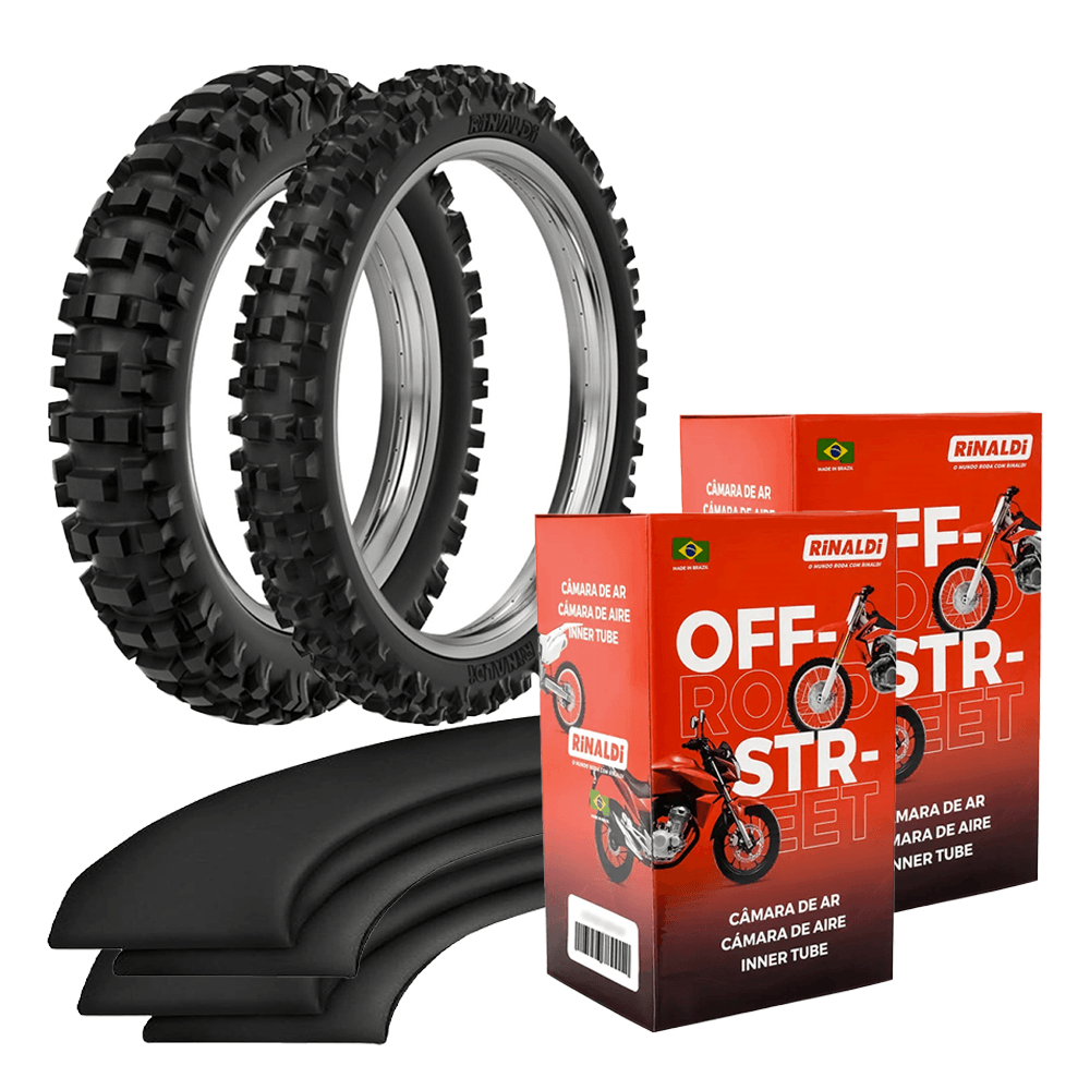 Kit Pneu Trilha Klx 300 100/100-18 + 80/100-21 Rmx35 Rinaldi + Camaras Reforçadas