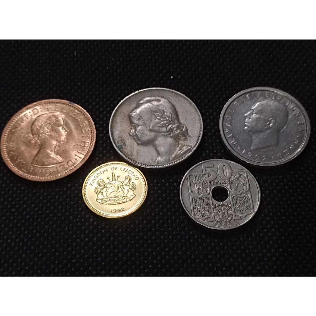 Moeda Reino Unido, Grécia, Portugal 4 cent., Reino do Lesoto e Espanha Lote com 5 peças conforme a foto