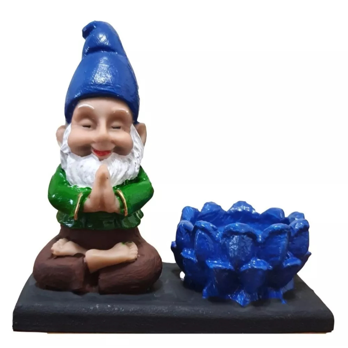 Incensário Vareta + Porta Vela Decoração Gnomo E Duende Azul