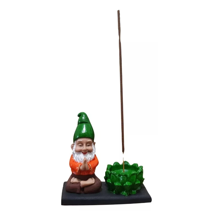 Incensário Vareta + Porta Vela Decoração Gnomo Duende Verde