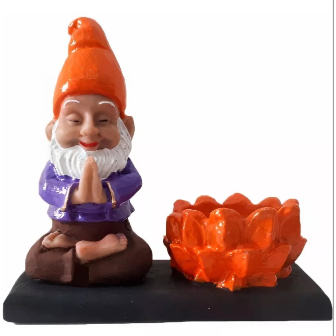Incensário Vareta + Porta Vela Decoração Gnomo Laranja