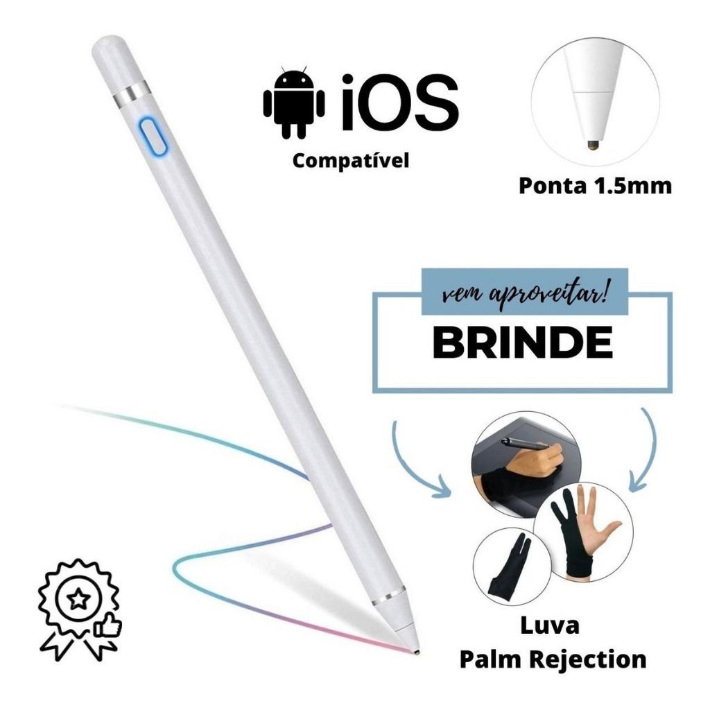 Caneta Stylus Universal Pen Touch Screen Ponta Fina 1.5mm Active Alta Precisão Desenho Profissional Palm Rejection Com Luva BRINDE Funciona Todos Touchscreen Celular Tablet Notebook Compativel Apple Pencil iPhone iPad Android Samsung Windows